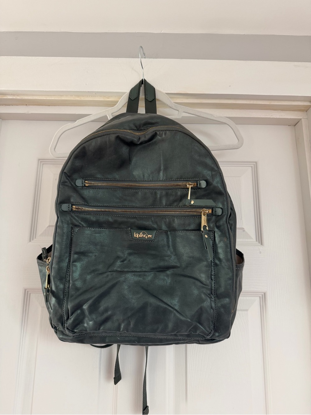Kipling Metallic Dark Green Backpack with Gold Hardware